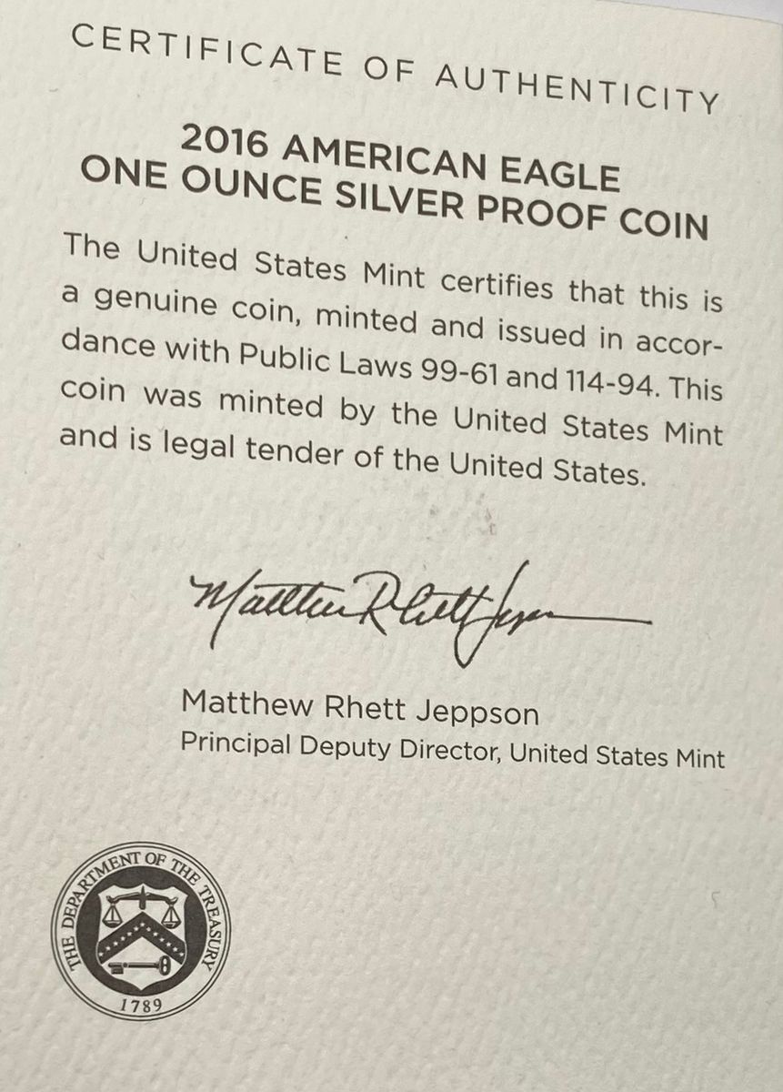 USA:1 dollar 2016 American Eagle i etui med dokumentasjon. 
