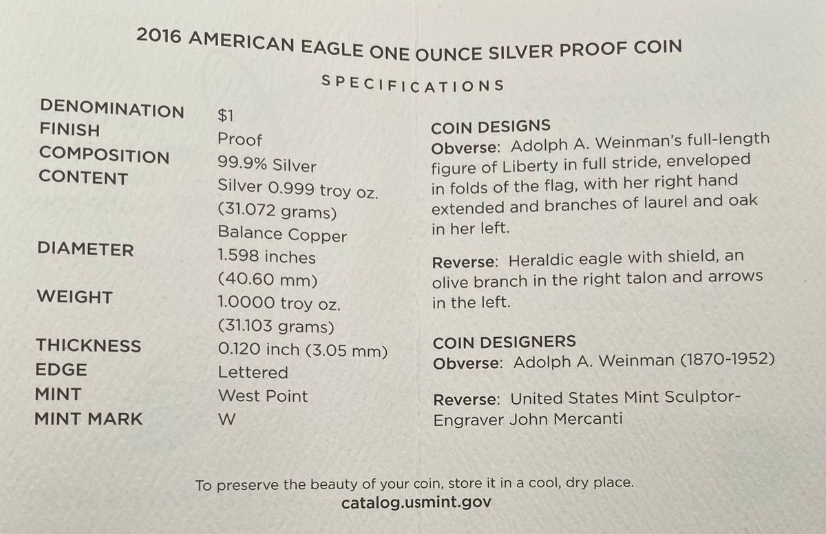 USA:1 dollar 2016 American Eagle i etui med dokumentasjon. 